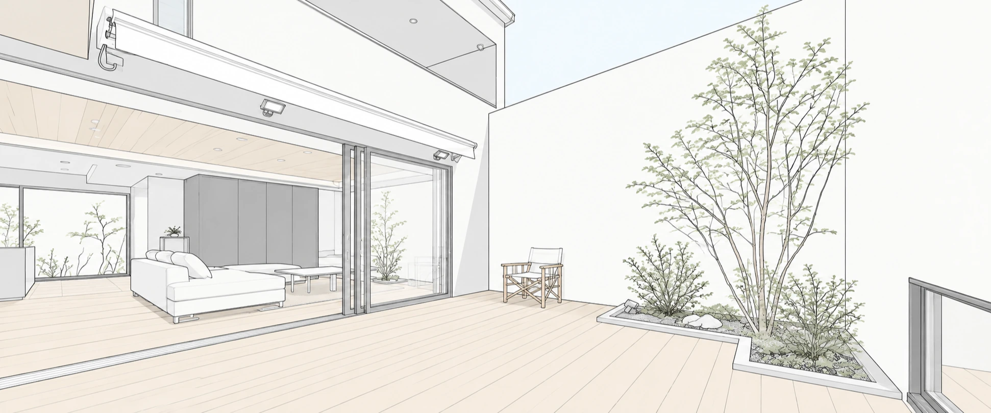 中庭から室内を望む建築線画